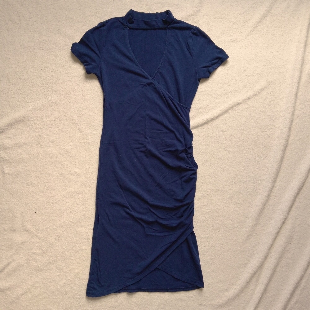 5 for $10 Heart & Hips Navy Faux Wrap Mock Neck Rouched Side Bodycon Dress small - Picture 4 of 7